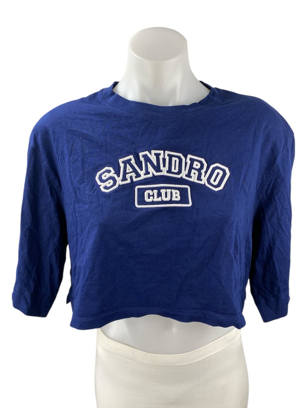 Sandro Womens Blue Embroidered Logo Crew Neck Half Sleeve Crop Tee T-shirt Top M